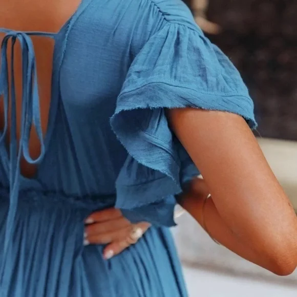 SOLD OUT Blue Gauze Boho Button Maxi Dress - Picture 4 of 9